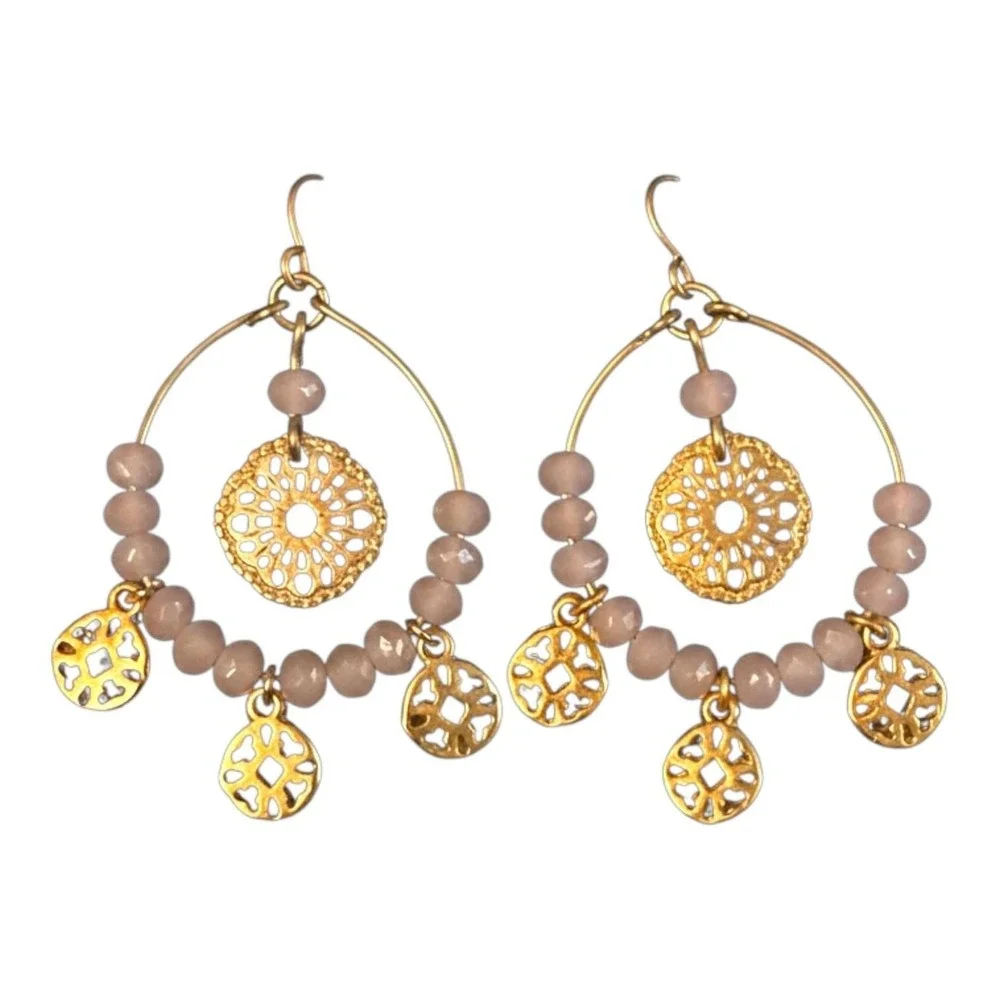 Vintage Sample Gold Filigree Mauve Beaded Hoop Dangle Statement Earrings NOS NEW